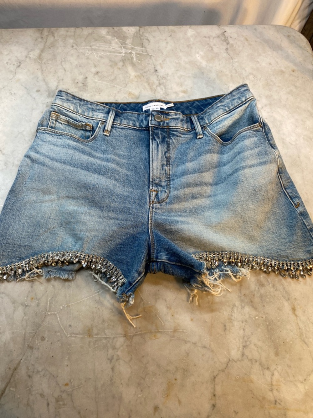 Good American Distressed Bling-Trim Denim Shorts